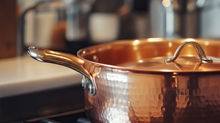 A detailed view of a copper saucepan with a shiny surface, with a focus on its elegant design and the handle, set against a neutral kitchen backdrop.の素材