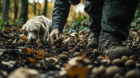 A detailed shot of a truffle hunting scene, with a trained dog sniffing for truffles in the forest floor, capturing the process of sourcing these rare fungi.の素材