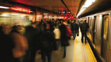 A bustling metro station with commuters boarding a subway train, illustrating the efficiency and convenience of public transportation in an urban environment.の素材