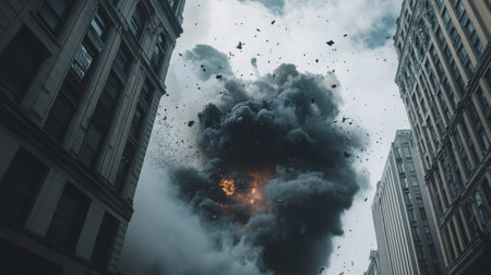 A detailed shot of a smoke-filled explosion in an urban environment, with buildings partially obscured by the thick, dark smoke and debris scattered around.の素材