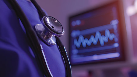 A close-up of a stethoscope placed on a chest, with a visible ECG waveform on a nearby monitor, illustrating the process of listening to heartbeats.の素材