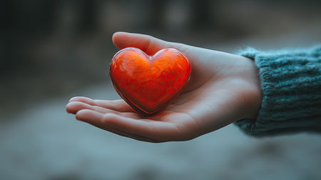 A close-up of a person hand holding a heart-shaped object, symbolizing care and emotional connection, with focus on the details of the hand and the object.の素材