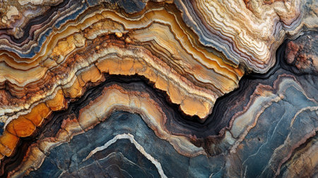 A close-up of a geological rock sample showing layered textures and minerals, with detailed patterns revealing the Earth's crust structure.の素材