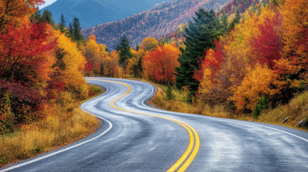 A close-up of a mountain road with colorful fall foliage, curves, and a backdrop of towering peaks, showcasing the vibrant colors and beauty of a seasonal drive.の素材