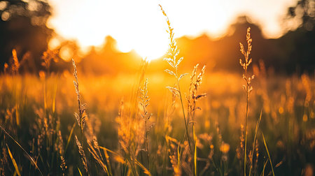 A close-up of the sun setting over a field of tall grass, with the golden light casting long shadows and creating a warm, natural ambiance.の素材