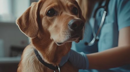 A close-up of a veterinarian examining a dog in a clinic, with a stethoscope around their neck and focused on the health, highlighting care and professionalism.の素材