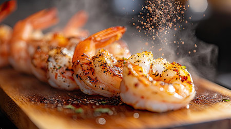 A close-up of grilled shrimp being served on a wooden board, with steam rising and a sprinkle of seasoning, highlighting the appetizing presentation.の素材