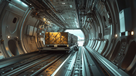 A close-up of an s cargo hold being loaded with goods, showcasing the logistics and precision involved in air freight transportation.の素材