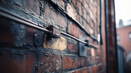 A close-up of electrical wires running along the side of a building, with the textures of the brick wall and the metal conduit adding depth and interest to the composition.の素材