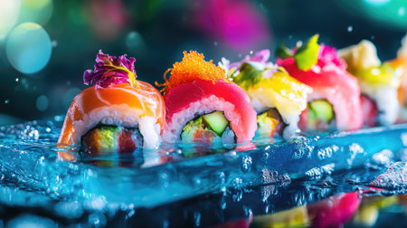A close-up of colorful sushi rolls floating on a platter filled with water, with vibrant garnishes and reflections adding a unique and artistic touch.の素材