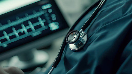 A close-up of a stethoscope placed on a chest, with a visible ECG waveform on a nearby monitor, illustrating the process of listening to heartbeats.の素材