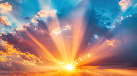 A close-up of a sunset with sun rays streaming through a small gap in the clouds, creating a dramatic and inspiring scene with vibrant colors in the sky.の素材