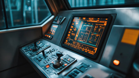 A close-up of an electric train's control panel with modern features, screens, and controls, emphasizing the advanced technology used in train operation.の素材