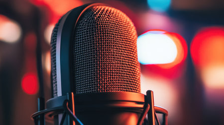 A close-up of a microphone covered with a pop filter, with a focus on the mesh and the clear sound quality it ensures, emphasizing the technical aspect of recording.の素材