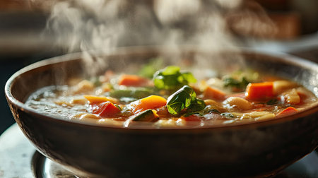 A close-up of a steaming bowl of hot soup with vibrant vegetables, with visible steam rising from the surface, creating a comforting and appetizing scene.の素材