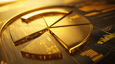 A detailed shot of a 3D gold pie chart with shiny, golden segments, each section labeled with data, providing a rich and elegant visualization of financial statistics.の素材