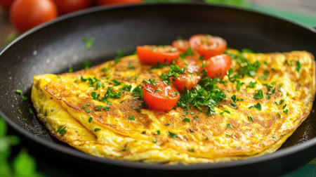 A close-up of a non-stick frying pan with a vibrant omelet being flipped, highlighting the smooth surface and even cooking with minimal oil.の素材