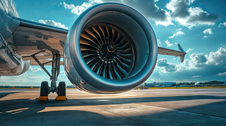 A close-up of an airplane's powerful jet engine, with intricate details of the turbine blades visible, capturing the engineering marvel of modern aviation.の素材