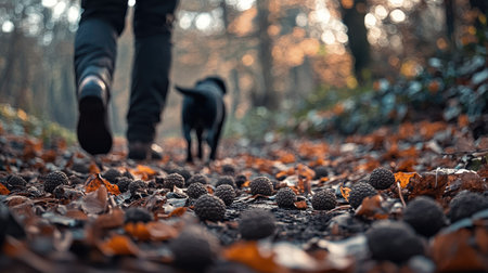 A detailed shot of a truffle hunting scene, with a trained dog sniffing for truffles in the forest floor, capturing the process of sourcing these rare fungi.の素材