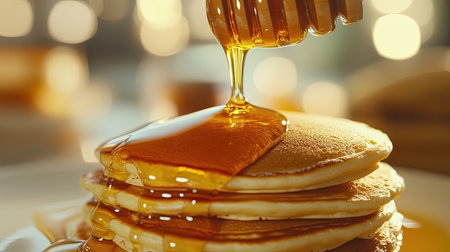 A close-up of honey pouring from a jar onto a stack of pancakes, with the golden syrup glistening and the fluffy pancakes in the background, highlighting a delicious breakfast.の素材