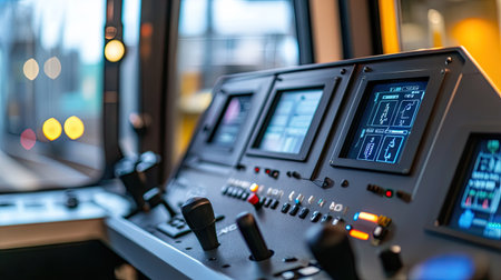 A close-up of an electric train's control panel with modern features, screens, and controls, emphasizing the advanced technology used in train operation.の素材