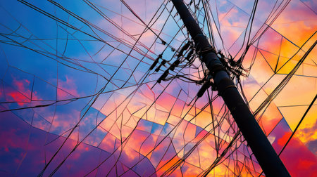 A close-up of tangled power lines crisscrossing in the sky, with the poles and wires forming a chaotic yet intricate pattern against a sunset backdrop.の素材