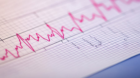 A close-up of a paper ECG strip with clear heartbeat patterns and medical annotations, used for diagnosing and monitoring heart conditions in a clinical setting.の素材