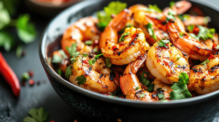 A detailed shot of a bowl of grilled shrimp with a spicy marinade, surrounded by garnishes like cilantro and red chili, emphasizing the flavor and visual appeal.の素材