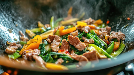 A close-up of a wok with stir-fried vegetables and meat, with a focus on the high sides and the vibrant colors of the cooked ingredients.の素材