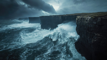 A dramatic shot of massive ocean waves crashing against rocky cliffs during a storm, with dark, stormy skies overhead and spray filling the air.の素材