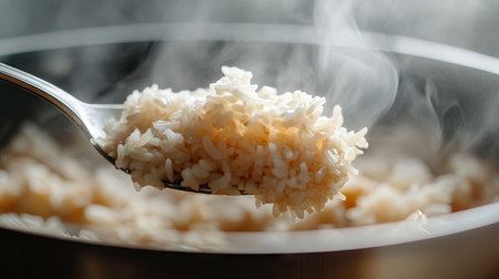 A detailed shot of a serving spoon scooping out hot rice from a pot, with steam rising and a portion of the rice in focus, emphasizing its texture and warmth. -の素材