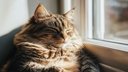 A detailed shot of a chubby cat sitting by a sunny window, with its fluffy belly visible and a content look, capturing the essence of a lazy afternoon.の素材