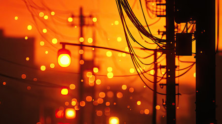 A close-up of power lines glowing at night, with the orange and yellow hues of streetlights illuminating the wires, creating a warm and atmospheric urban scene.の素材