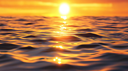 A close-up of the sun setting over a calm sea, with the golden and orange hues reflecting on the water surface, creating a serene and picturesque sceneの素材
