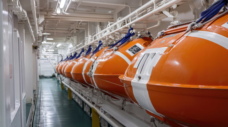 A detailed shot of the lifeboats on a large ship, securely fastened and ready for use, highlighting the safety features onboard large vessels.の素材