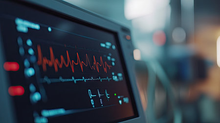 A detailed shot of a heart rate monitor screen with a visible heartbeat graph, highlighting the real-time display of heart rhythms in a clinical environment.の素材
