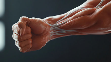A detailed shot of a person muscular arm in motion, with emphasis on the definition and strength of the muscles, highlighting physical fitness and activity.の素材