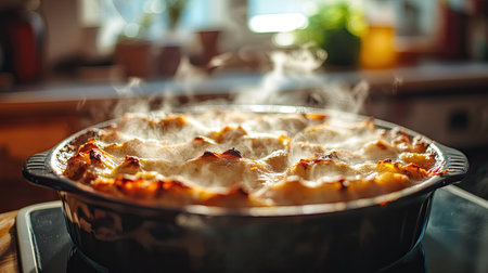 A detailed shot of a steaming hot casserole dish, with steam visible as it is served from the oven, highlighting the savory and comforting qualities of the meal.の素材