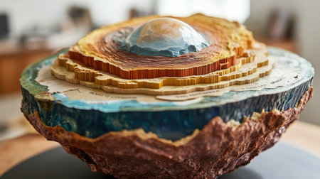 A detailed shot of an educational model of Earth's layers, including the crust, mantle, and core, with clear labels and a focus on geological structure.の素材