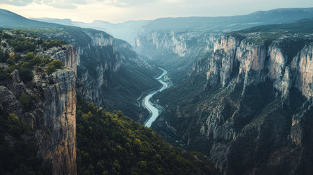 A high-altitude view of a winding river cutting through a mountain range, with the steep cliffs and dense forests creating a dramatic natural scene.の素材
