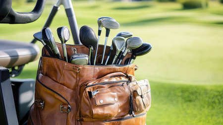 A detailed shot of a golf bag with clubs, gloves, and accessories, set on a golf cart next to a well-maintained green, highlighting the gear used in the game.の素材