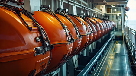A detailed shot of the lifeboats on a large ship, securely fastened and ready for use, highlighting the safety features onboard large vessels.の素材