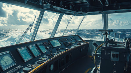 A detailed view of a large bridge, with the captain and crew visible through the windows as they navigate the vast open sea.の素材