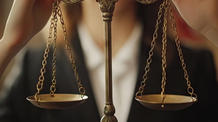 A detailed shot of a hand adjusting the pans of the scales of justice, with a focused expression on a legal professional's face, symbolizing the pursuit of fairness.の素材