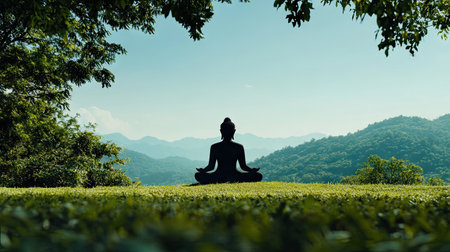 A silhouette of a Buddha statue in meditation, framed by a lush, green landscape and a clear blue sky, capturing the harmony between nature and spirituality.の素材