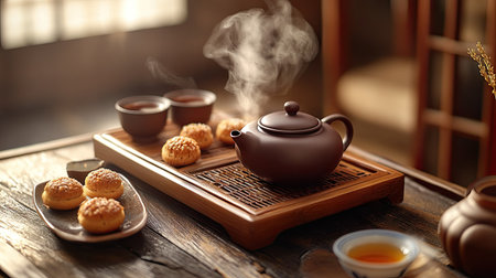 A detailed shot of a traditional tea setup with a pot of hot tea, cups, and a plate of pastries, highlighting the cultural and relaxing aspects of enjoying tea.の素材