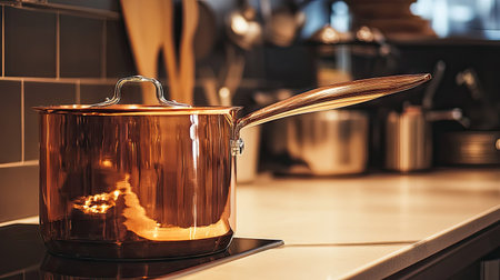 A detailed view of a copper saucepan with a shiny surface, with a focus on its elegant design and the handle, set against a neutral kitchen backdrop.の素材
