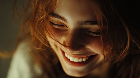 A detailed shot of a young woman laughing or smiling with her eyes crinkling, capturing the joy and spontaneity of her expression and the warmth of her personality.の素材