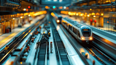 A detailed shot of an electric train station with multiple tracks and trains, featuring passengers boarding and alighting, and modern infrastructure.の素材