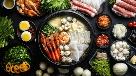A detailed shot of a shabu-shabu meal with a variety of ingredients like seafood, vegetables, and noodles, neatly arranged around the bubbling hot pot. -の素材